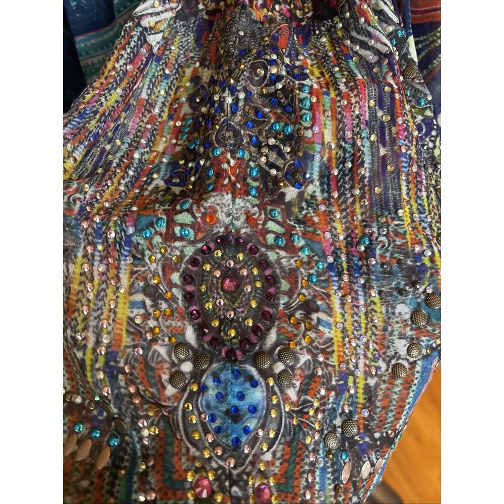 CAMILLA off shoulder or Silk Blouse crystals blue red open sleeve Shirred Cuff L - Picture 11 of 13